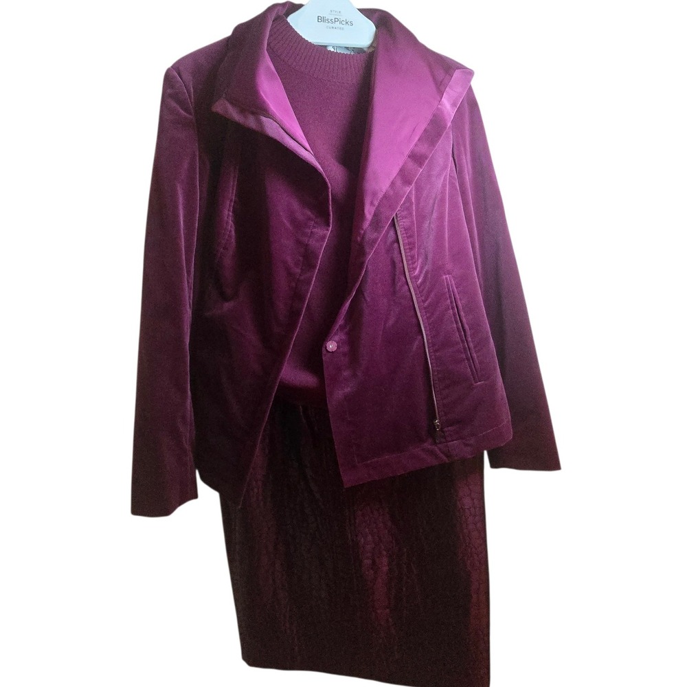 Doncaster Collection 3-Piece Velour Jacket Knit Sweater Croc Skirt‎ Plum 12